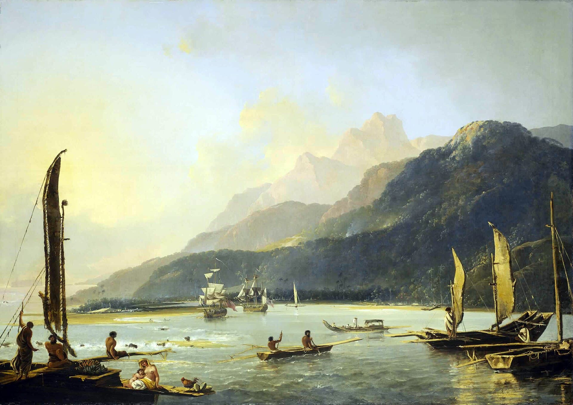 쿡, 남극권을 넘다와 관련된 '[A] view of Maitavie Bay, [in the island of] Otaheite [Tahiti]' title QS:P1476,en:"'[A] view of Maitavie Bay, [in the island of] Otaheite [Tahiti]' "label QS:Len,"'[A] view of Maitavie Bay, [in the island of] Otaheite [Tahiti]' "label QS:Lfr,"Le HMS Resolution et le HMS Adventure dans la baie de Matavaie à Tahiti" 이미지